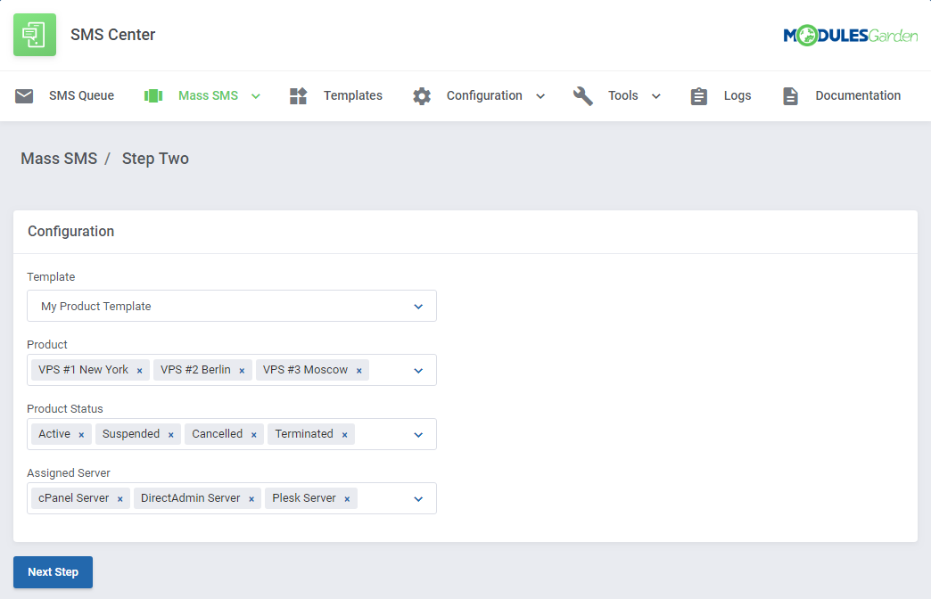 SMS Center For WHMCS: Mass SMS step two with product template, products, product status and assigned server filters