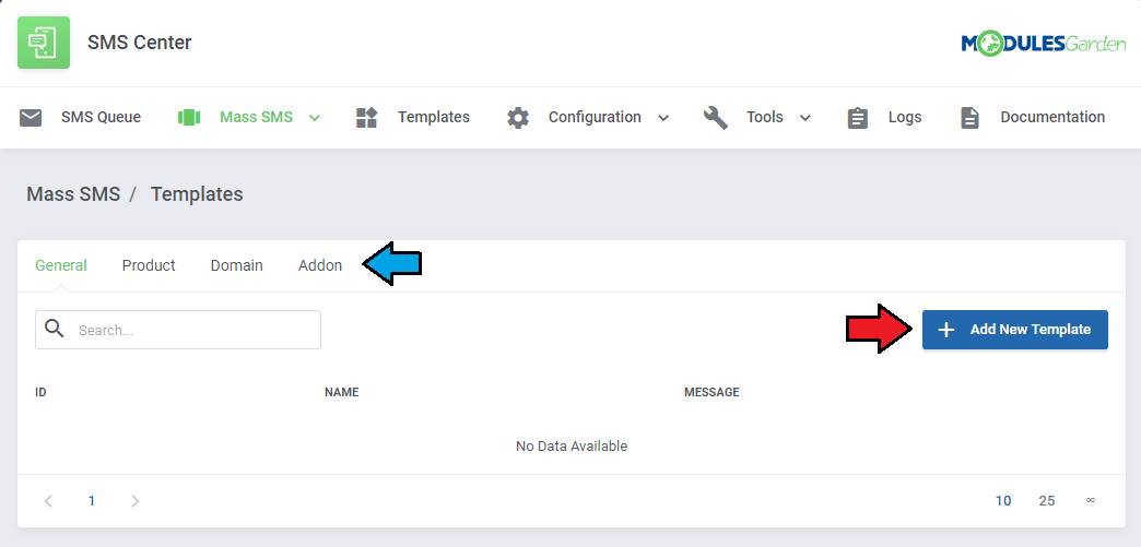 SMS Center For WHMCS: Mass SMS Templates page with category tabs and the Add New Template button
