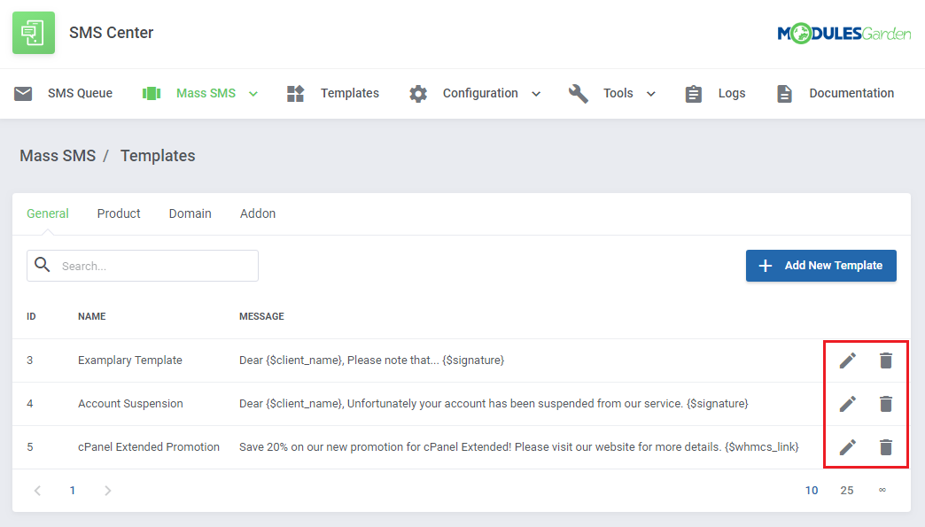 SMS Center For WHMCS: Mass SMS Templates list with three general templates and edit and delete icons