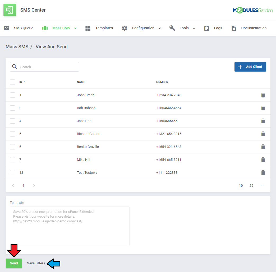 SMS Center For WHMCS: Mass SMS View And Send page with the recipient client list and Send button