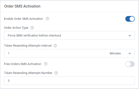 SMS Center For WHMCS: Order SMS Activation section with the order action type and token resending settings