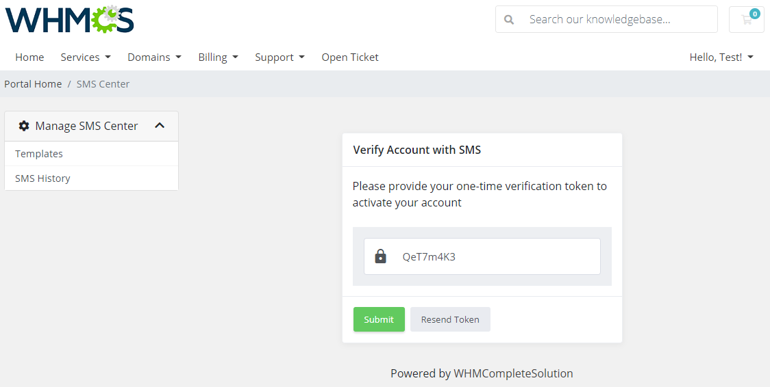 SMS Center For WHMCS: WHMCS client area SMS verification page for an order with the Resend Token button