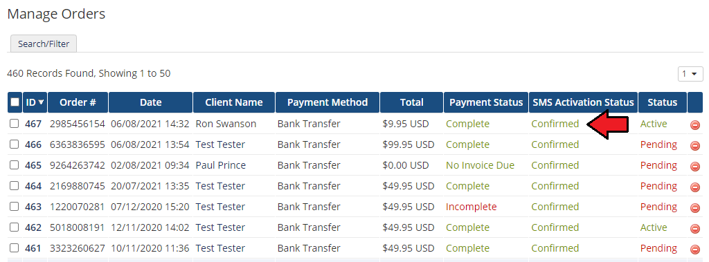 SMS Center For WHMCS: WHMCS admin Manage Orders list with the SMS Activation Status column showing Confirmed