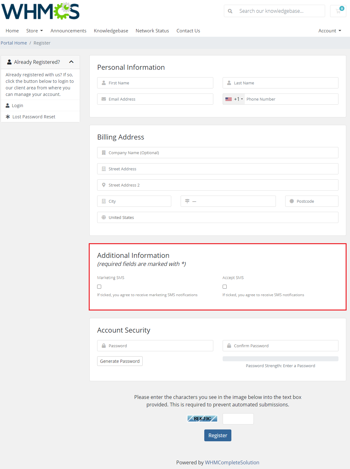 SMS Center For WHMCS: WHMCS client area registration form with Marketing SMS and Accept SMS checkboxes