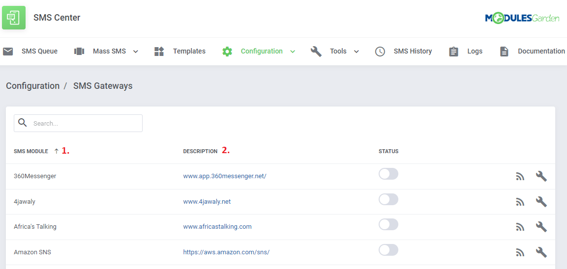 SMS Center For WHMCS: SMS Gateways list with SMS module and description columns marked, status toggles and icons