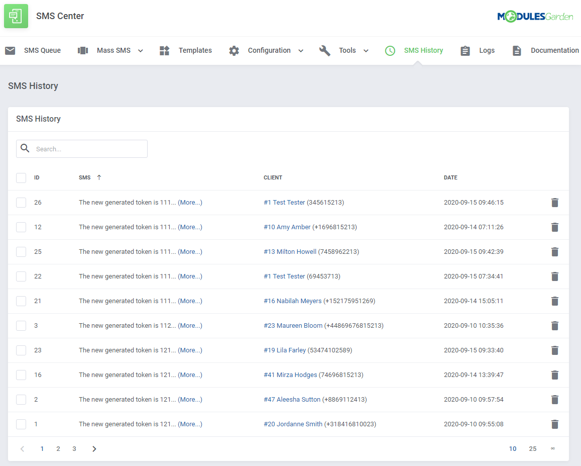 SMS Center For WHMCS: SMS History page with a searchable list of sent messages, clients and dates