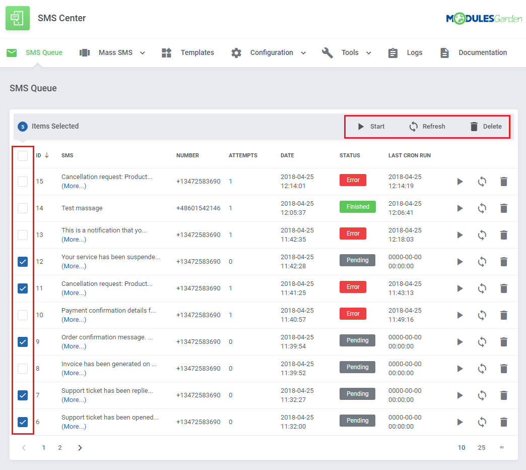 SMS Center For WHMCS: SMS Queue with five messages selected and the Start, Refresh and Delete mass actions