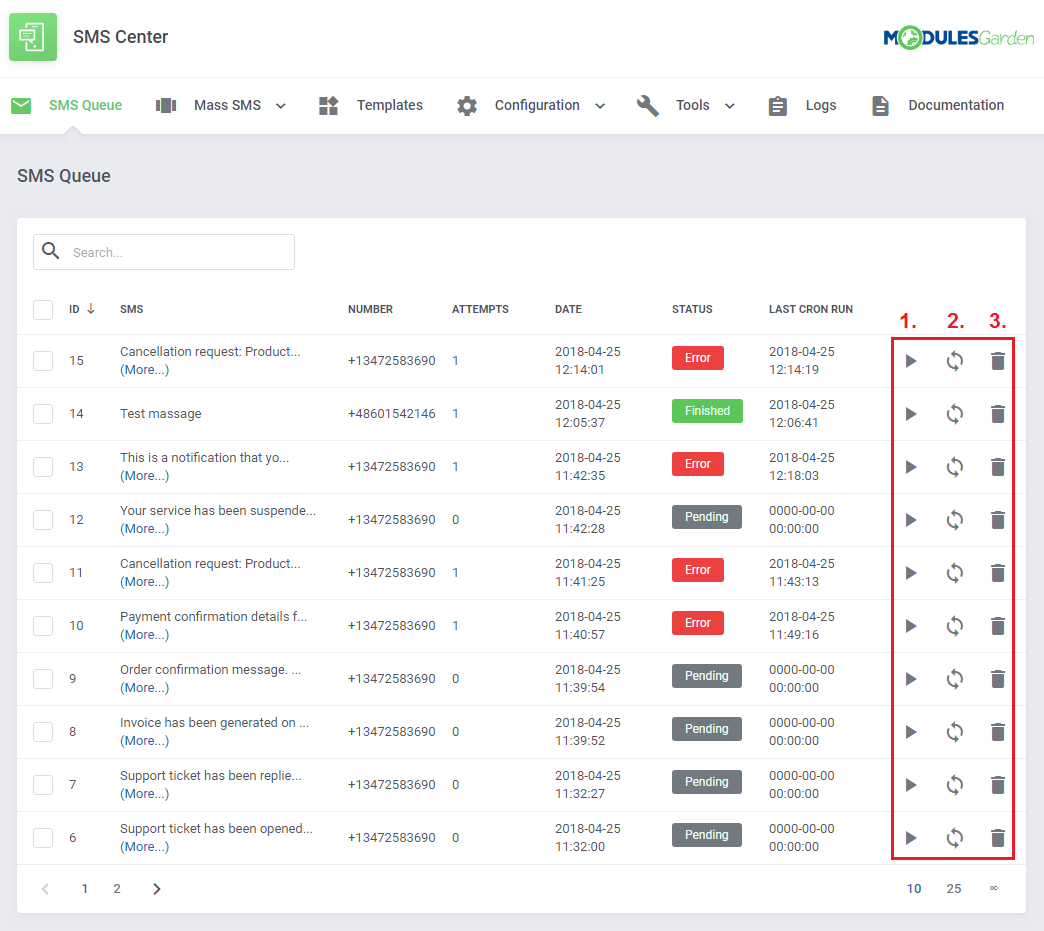 SMS Center For WHMCS: SMS Queue list with start, refresh and delete action icons marked for each message