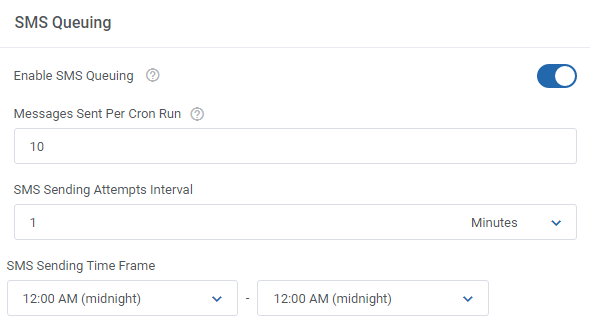 SMS Center For WHMCS: SMS Queuing section with messages per cron run, attempts interval and sending time frame