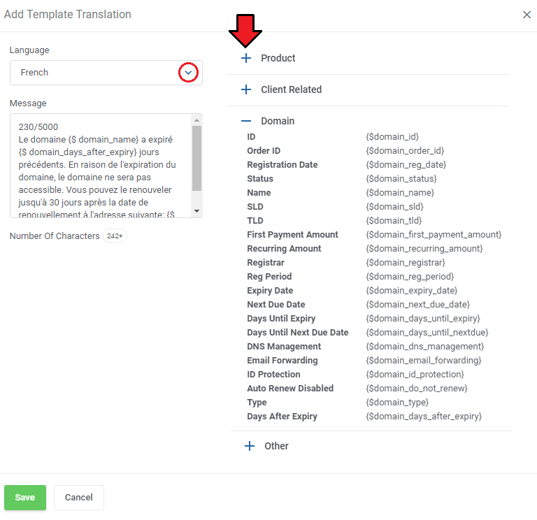 SMS Center For WHMCS: Add Template Translation dialog with French message, character counter and variables list