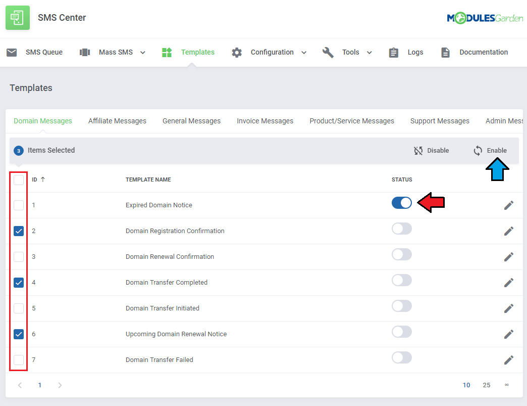 SMS Center For WHMCS: Templates page, Domain Messages tab, with status toggles and the bulk Enable action