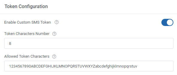 SMS Center For WHMCS: Token Configuration section with custom SMS token, characters number and allowed characters