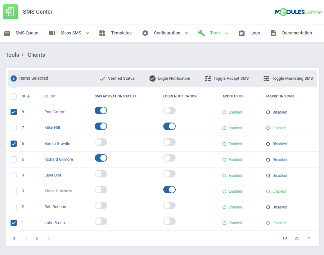 SMS Center For WHMCS: Tools Clients list with SMS activation status, login notification, Accept SMS and Marketing SMS