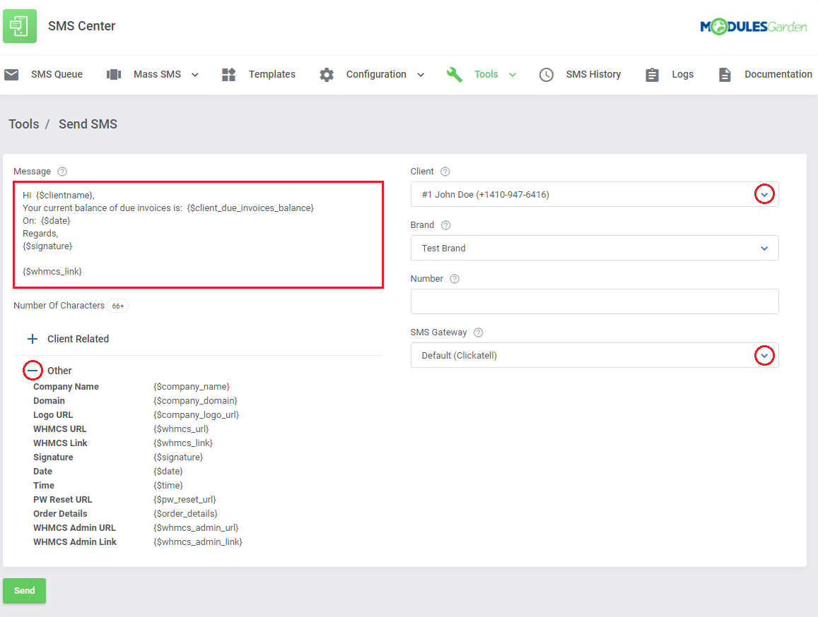 SMS Center For WHMCS: Tools Send SMS form with message text, client selection, brand and SMS gateway fields