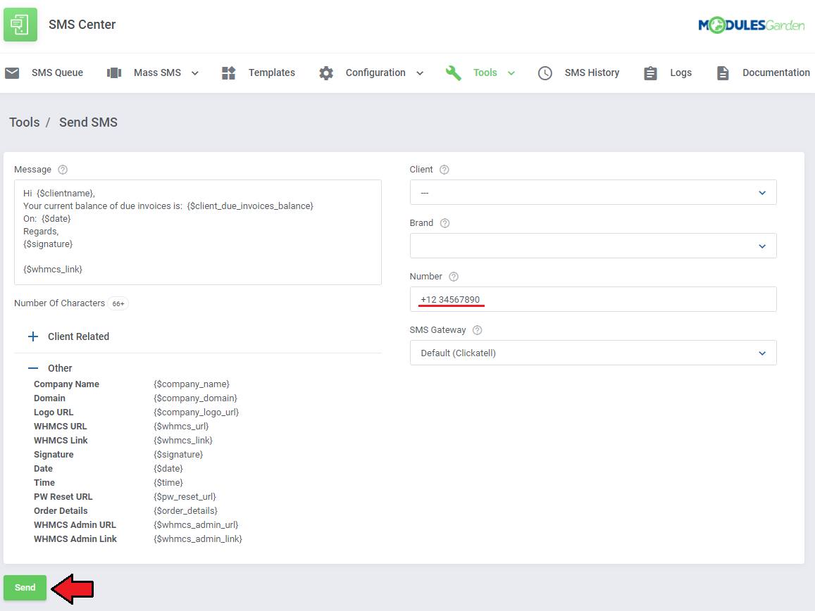 SMS Center For WHMCS: Tools Send SMS form with a phone number typed in and the Send button