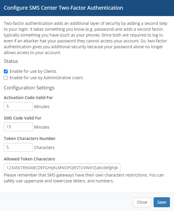 SMS Center For WHMCS: Configure SMS Center Two-Factor Authentication dialog with code validity and token settings