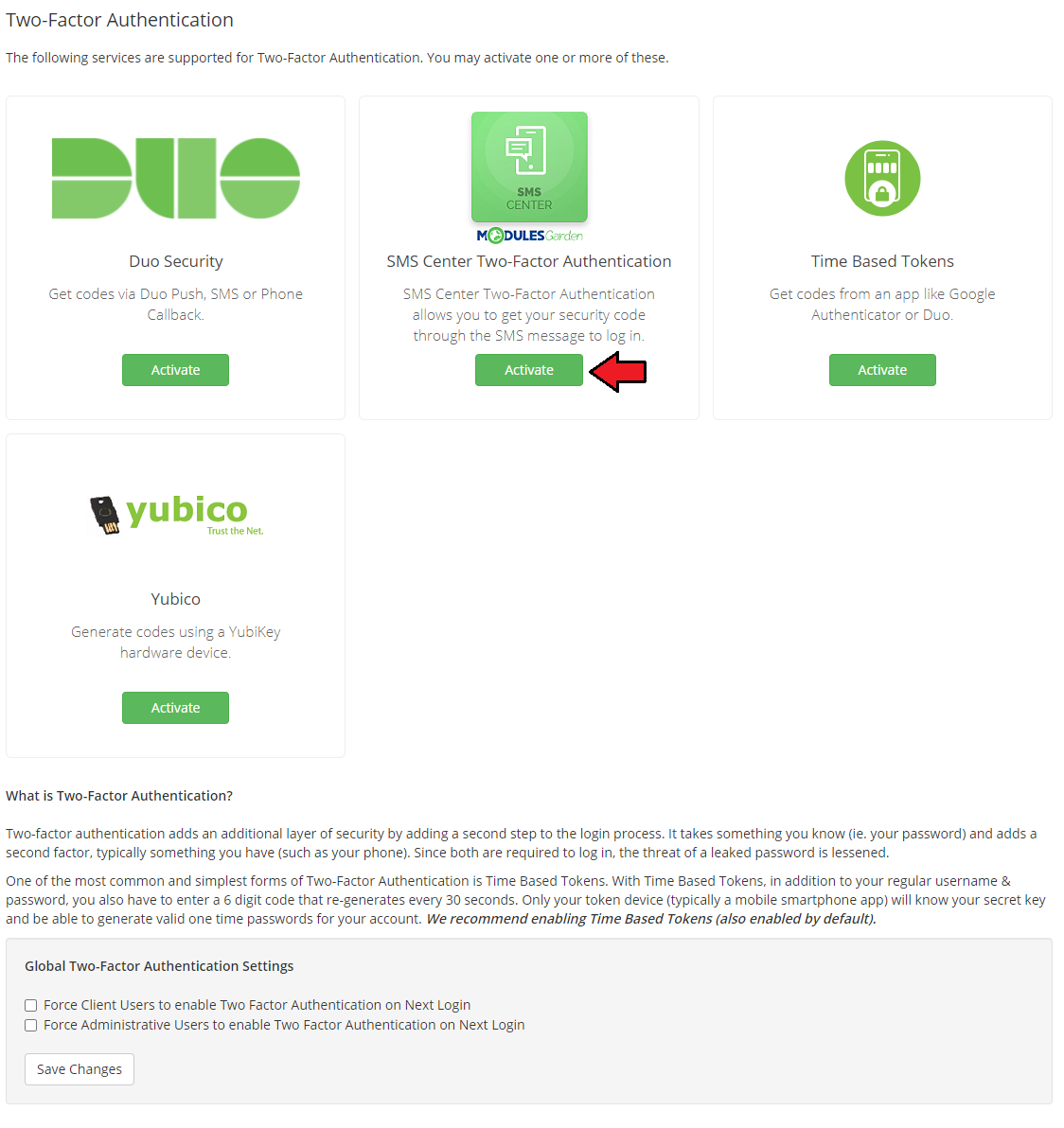 SMS Center For WHMCS: WHMCS admin Two-Factor Authentication page with Activate button for SMS Center 2FA
