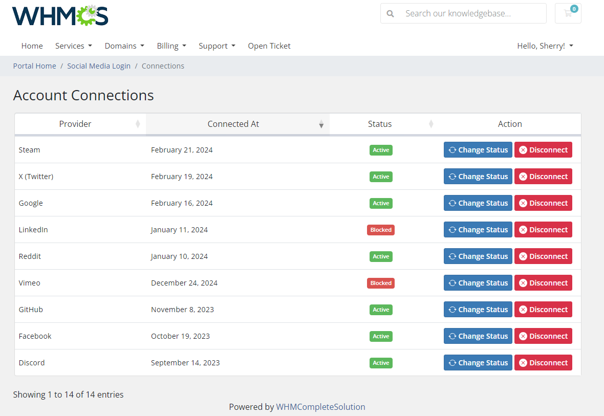 Social Media Login For WHMCS: client area Account Connections table with providers, statuses and Change Status and