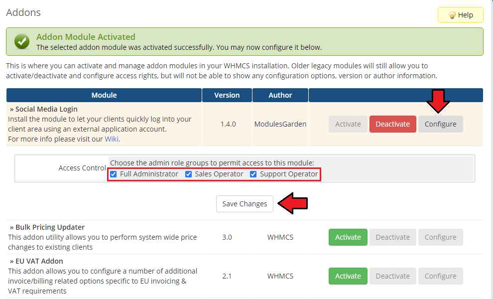 Social Media Login For WHMCS: addon activated message with the Configure button and Access Control admin role checkboxes
