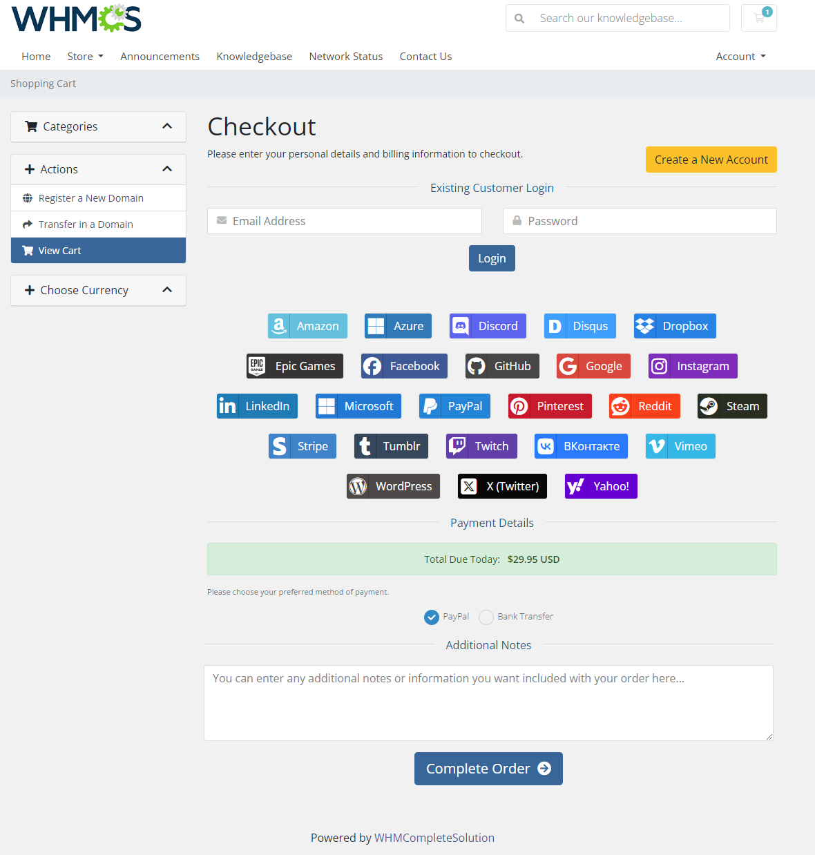 Social Media Login For WHMCS: WHMCS checkout page with existing customer login form and social media login buttons