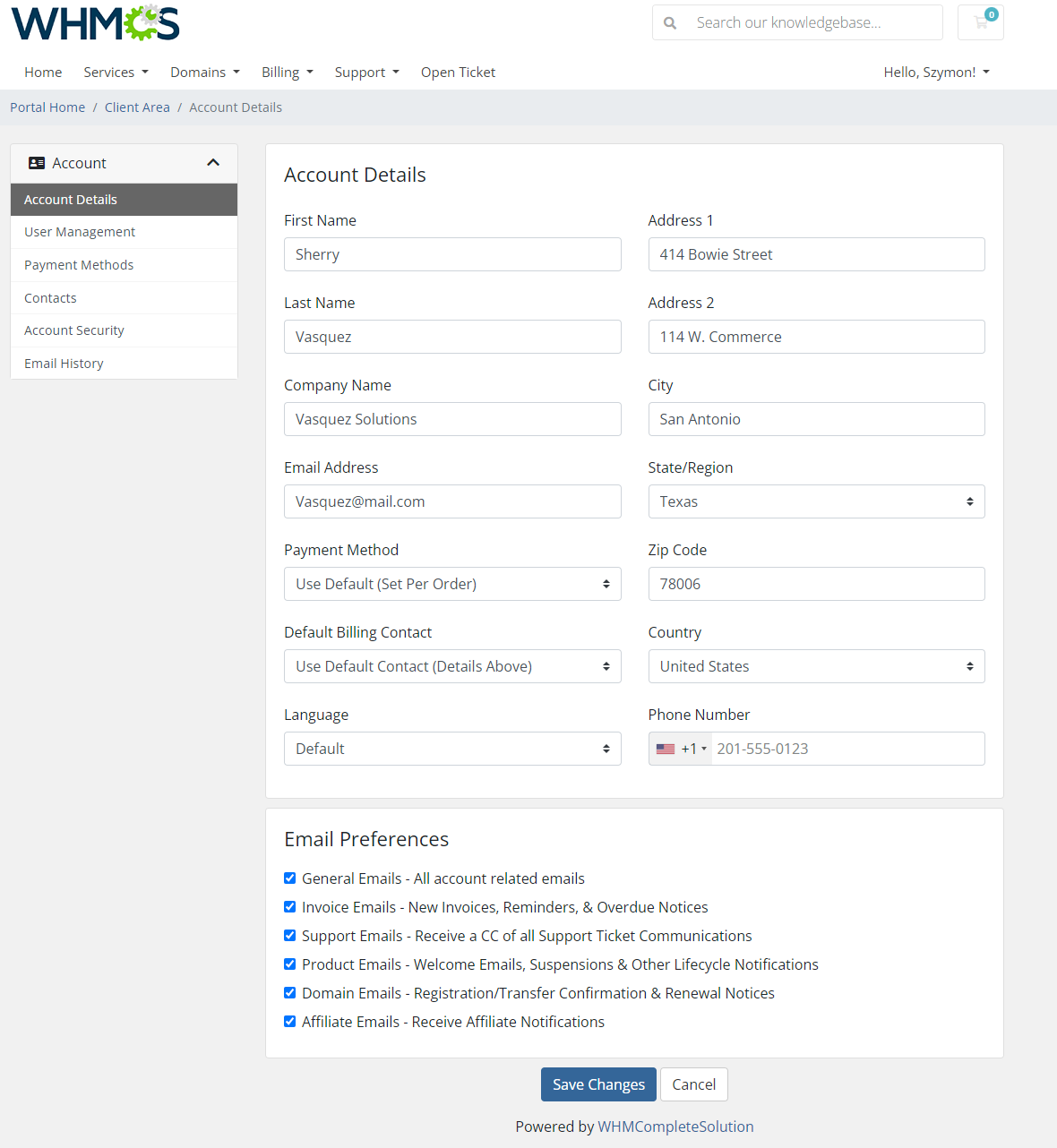 Social Media Login For WHMCS: WHMCS client area Account Details form with personal data, address fields and email