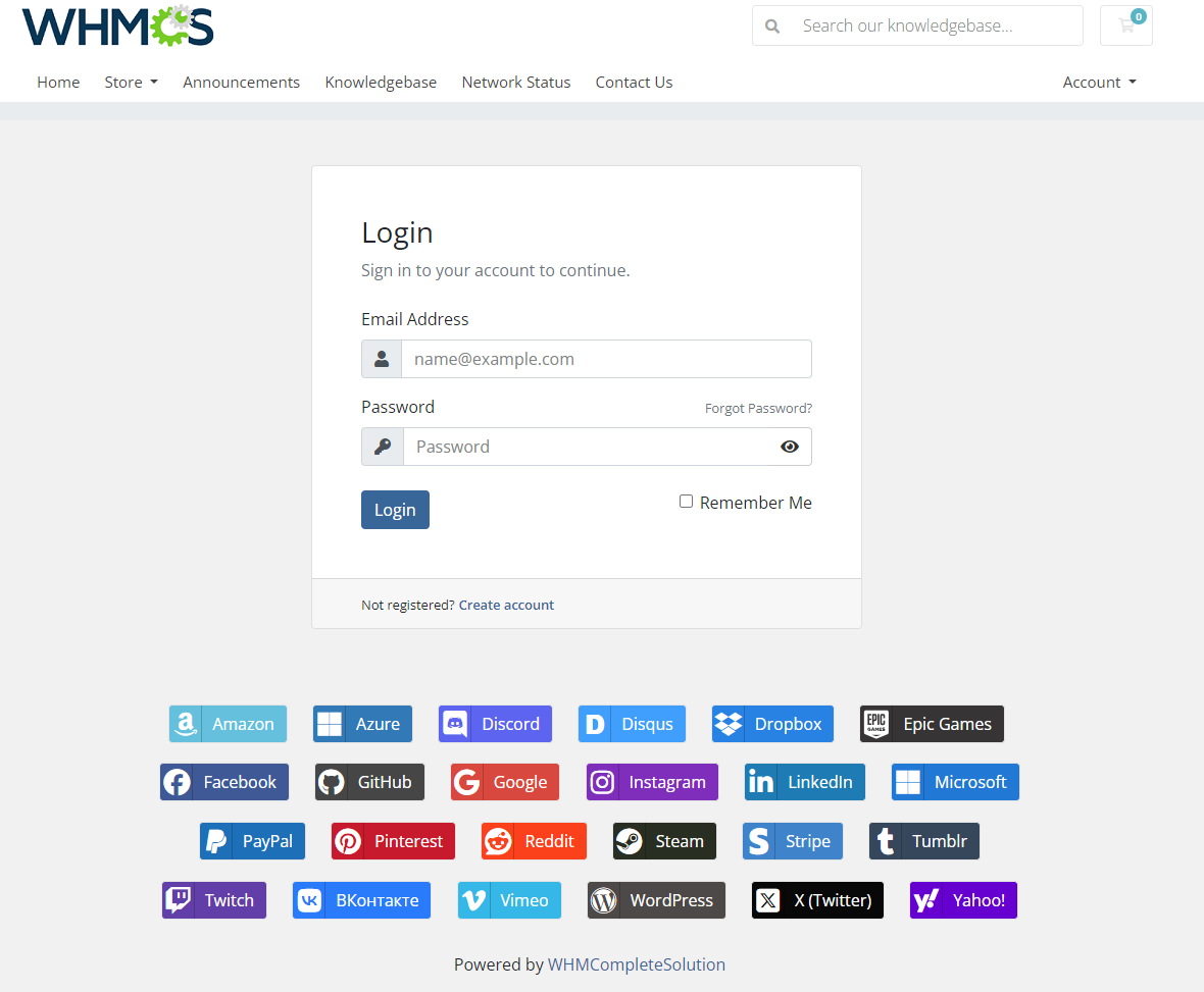 Social Media Login For WHMCS: WHMCS client area login page with the social media login buttons shown under the login