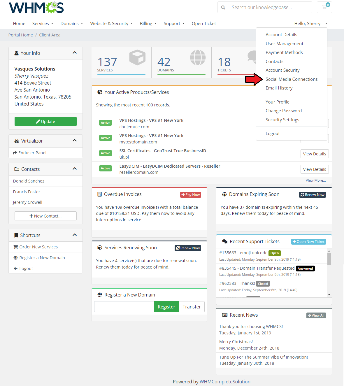 Social Media Login For WHMCS: WHMCS client area profile menu with the Social Media Connections item highlighted by an