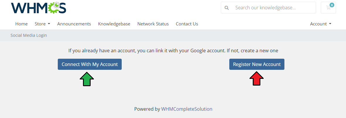 Social Media Login For WHMCS: WHMCS Social Media Login page with Connect With My Account and Register New Account