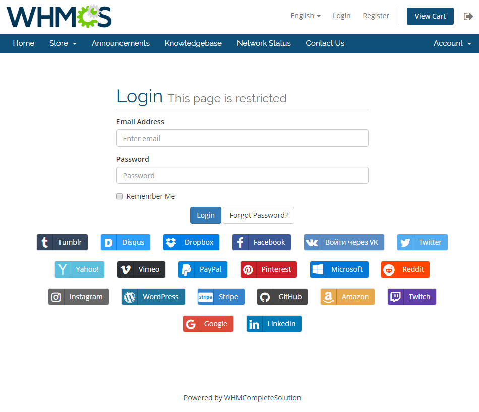 Social Media Login For WHMCS: WHMCS login page with the social media login buttons arranged by the custom stylesheet