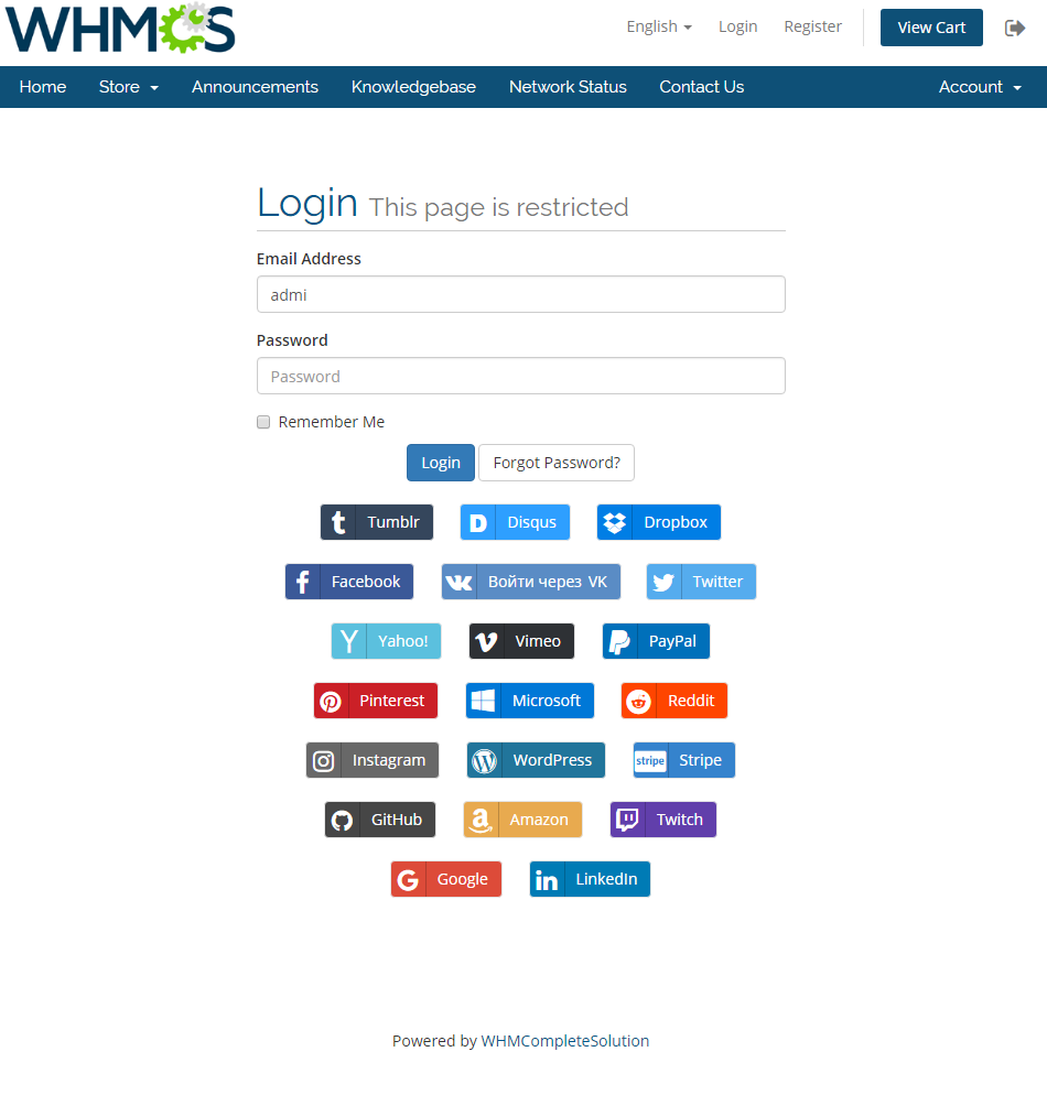 Social Media Login For WHMCS: WHMCS login page with the default layout of the social media login buttons under the form