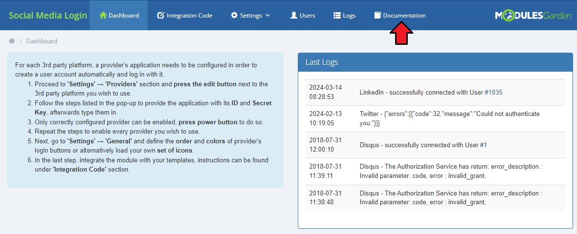 Social Media Login For WHMCS: module Dashboard with an arrow pointing to the Documentation link in the top navigation