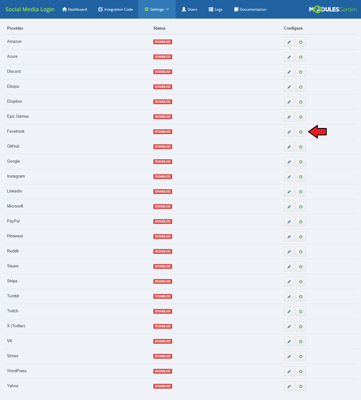 Social Media Login For WHMCS: Providers list with an arrow on the power button to enable the Facebook provider