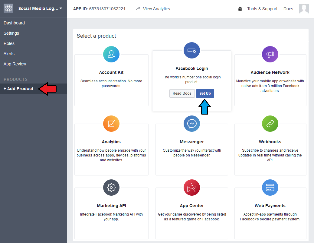 Social Media Login For WHMCS: Facebook app Select a product page with Add Product menu and Set Up on Facebook Login
