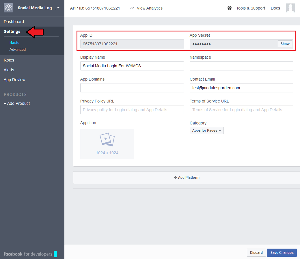 Social Media Login For WHMCS: Facebook app Settings page with the App ID and App Secret fields and the Show button