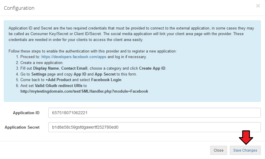 Social Media Login For WHMCS: Facebook provider pop-up with Application ID and Secret filled in and Save Changes button