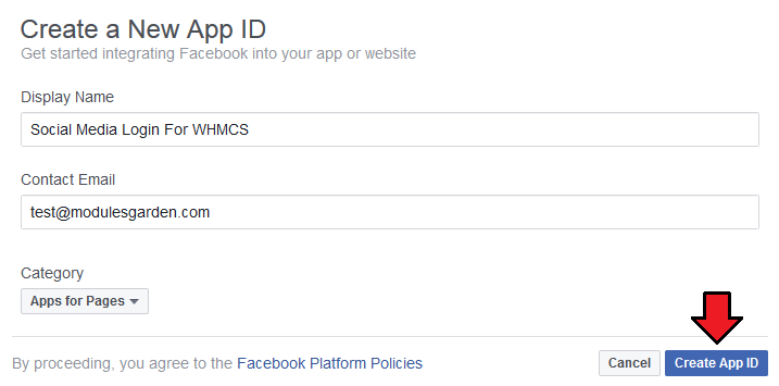 Social Media Login For WHMCS: Facebook Create a New App ID form with display name, contact email and Create App ID