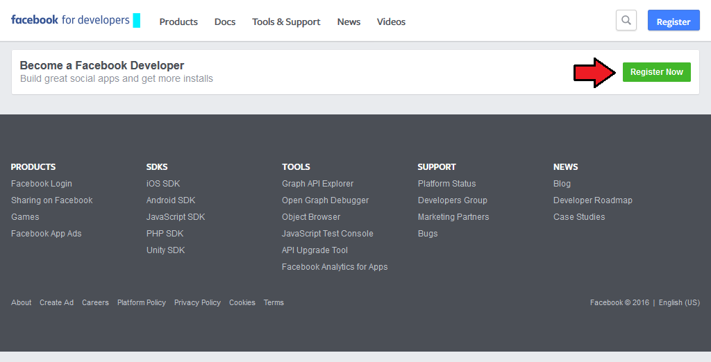 Social Media Login For WHMCS: Facebook for Developers page with the Become a Facebook Developer box and Register Now