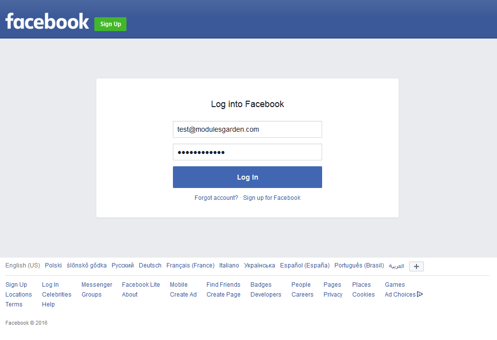 Social Media Login For WHMCS: Facebook log in page with email and password entered, shown during the authorization step