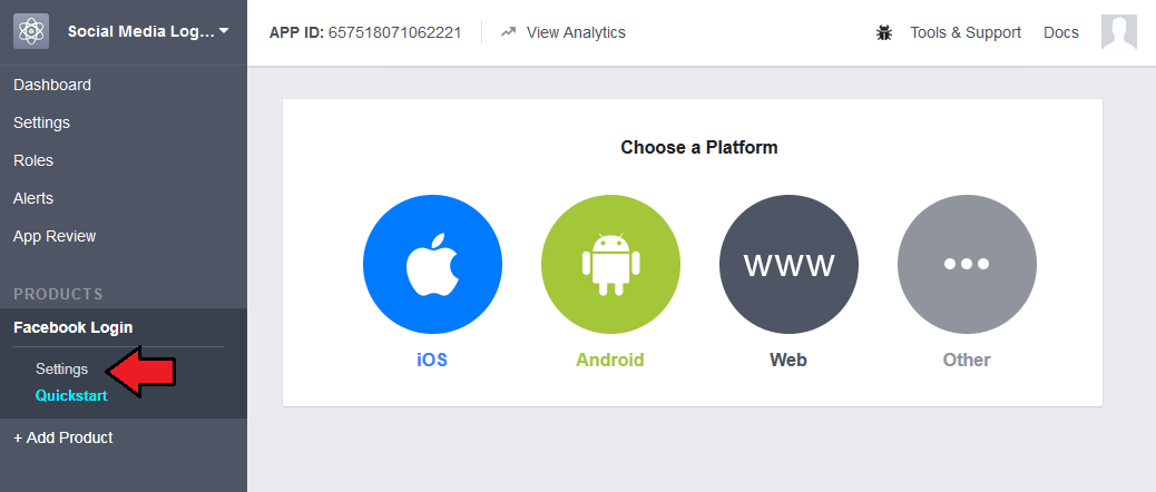 Social Media Login For WHMCS: Facebook Login menu with the Settings link under Quickstart and the Choose a Platform page