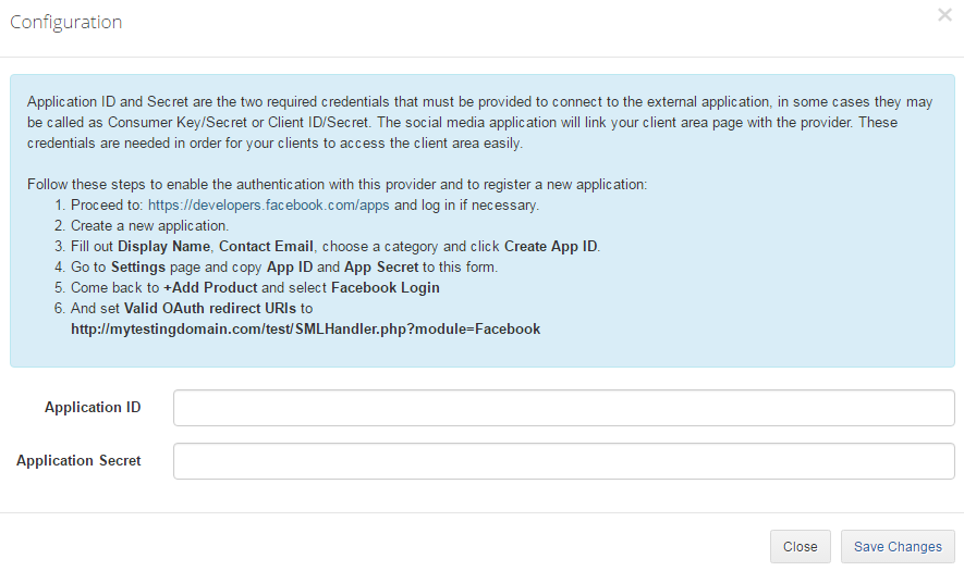 Social Media Login For WHMCS: Facebook provider Configuration pop-up with registration steps and empty ID and Secret