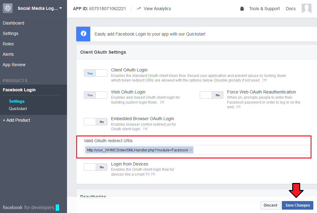 Social Media Login For WHMCS: Facebook Login settings with the Valid OAuth redirect URIs field and Save Changes button