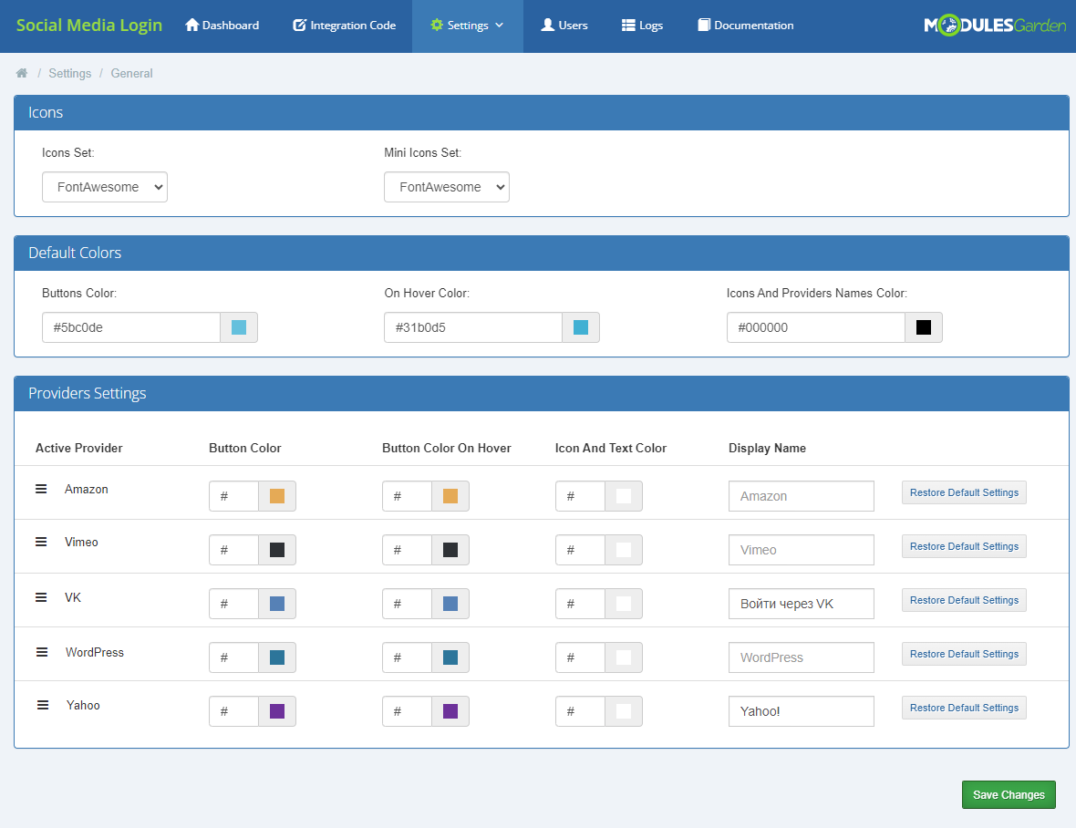 Social Media Login For WHMCS: Settings General page with icon sets, default colors and per provider button colors and