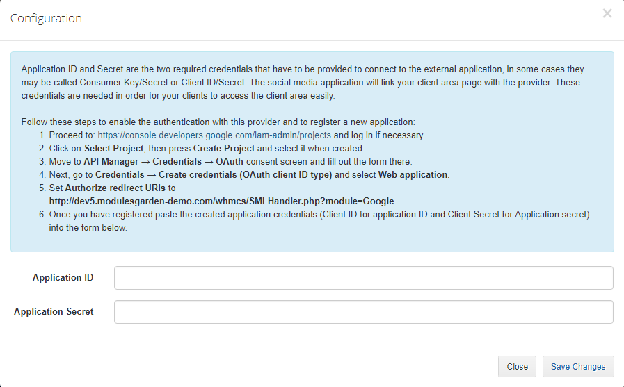 Social Media Login For WHMCS: provider Configuration pop-up for Google with setup steps and Application ID and Secret