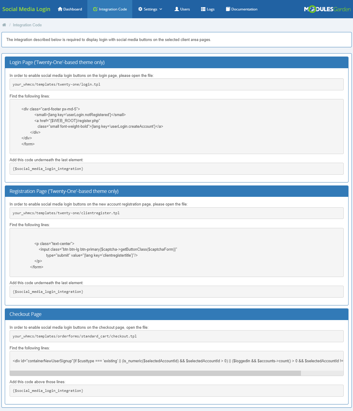Social Media Login For WHMCS: Integration Code page with template edit instructions for login, registration and checkout