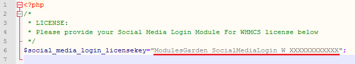 Social Media Login For WHMCS: license.php file open in an editor with the license key line highlighted