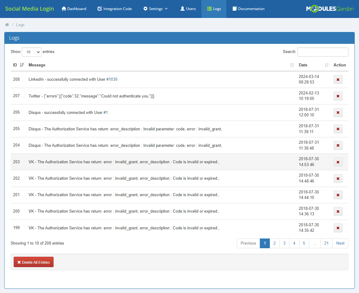 Social Media Login For WHMCS: module Logs tab with a table of log messages and dates and the Delete All Entries button