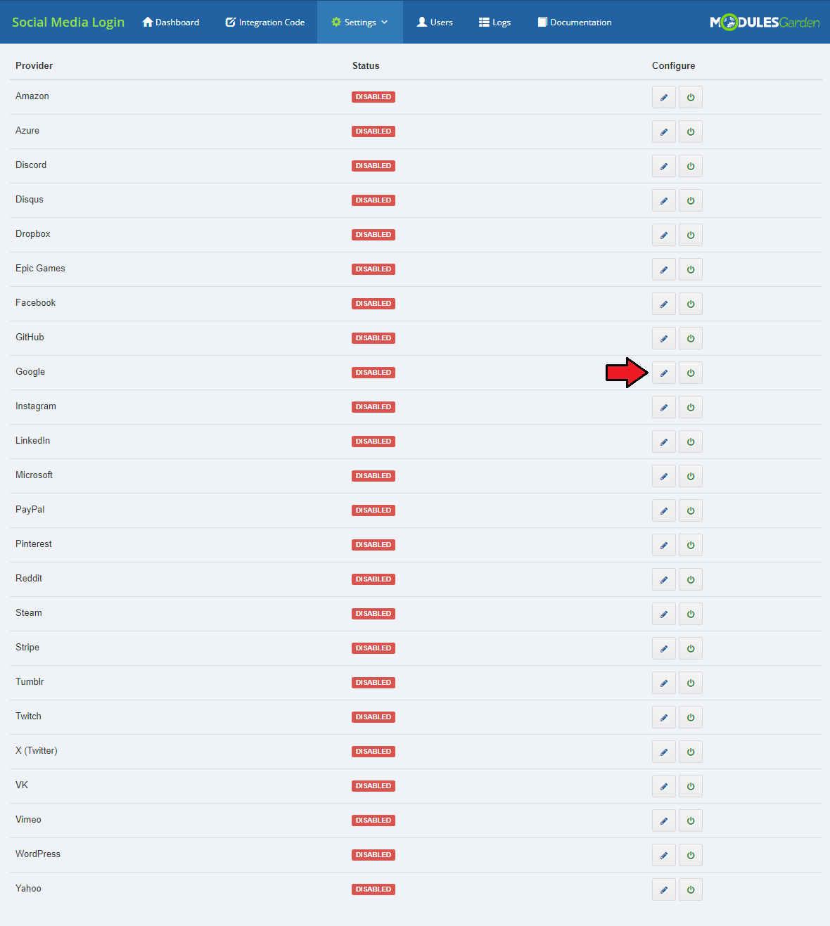 Social Media Login For WHMCS: Settings Providers list with disabled providers and an arrow on the edit button for Google