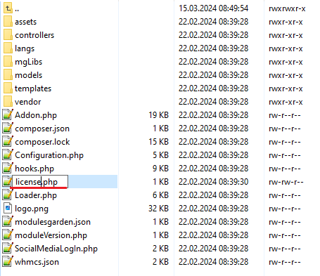 Social Media Login For WHMCS: file manager with the license.php file being renamed in the addon module folder