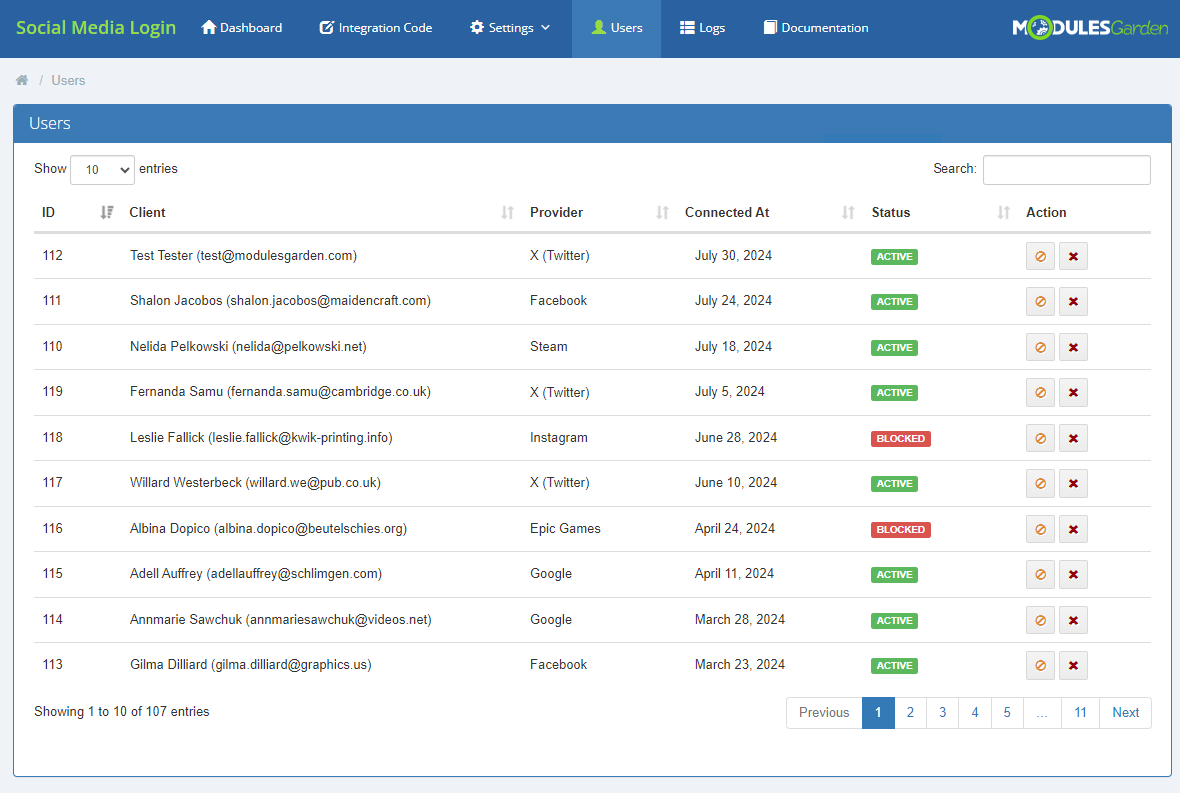 Social Media Login For WHMCS: Users tab with a table of clients, providers, connection dates, statuses and actions