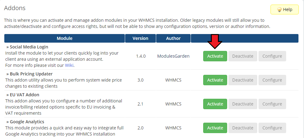 Social Media Login For WHMCS: WHMCS admin Addon Modules list with the Activate button next to Social Media Login